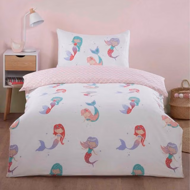 Rapport Home Little Mermaids Microfibre Duvet Set and Pillowcase, Multicolour/Pink, W/D/H: 135 x 200 cm and 50 x 75 cm