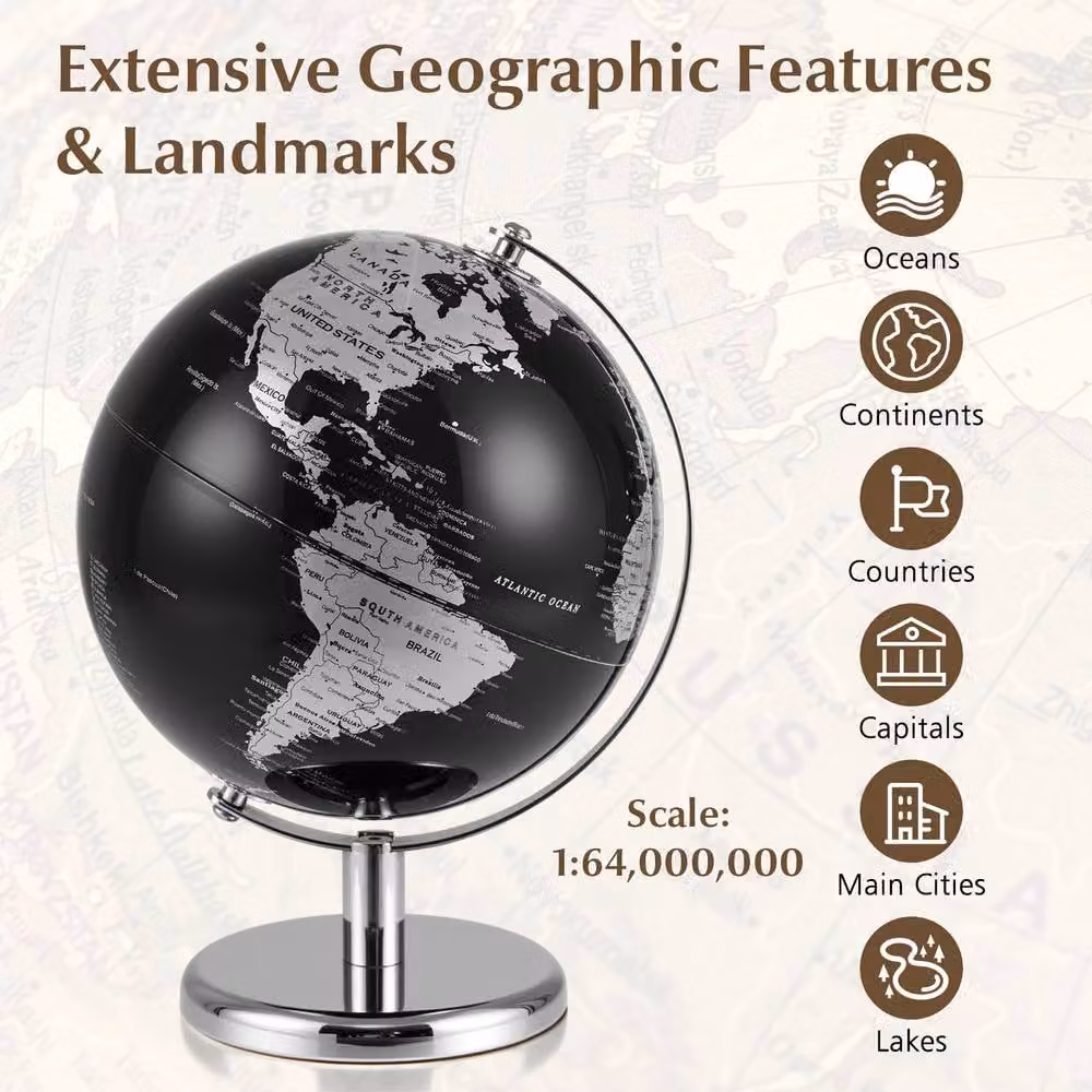Costway Rotating World Globe in Metallic Black with Metal Stand, 20 cm – 6