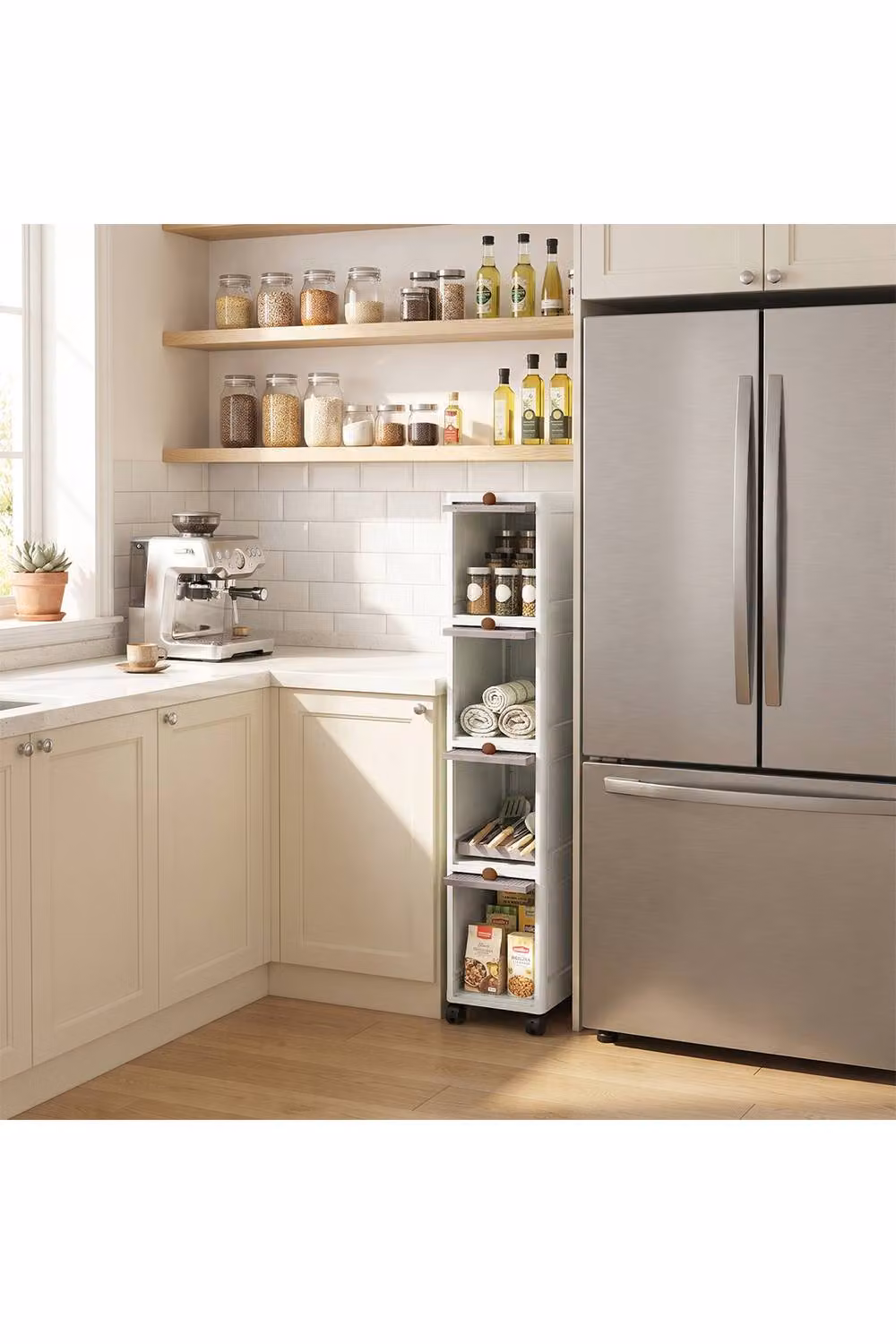 Living and Home Modern Narrow Storage Cabinet with Roll Shutter Doors and Wheels in Grey or White – 2