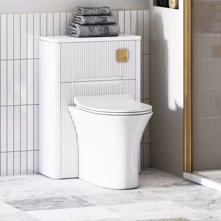 Avenza Matte White Wall Mounted BTW WC Unit with Breeze Rimless Ceramic Toilet Pan, Slim Soft Close Seat and Cistern, Width: 55 cm