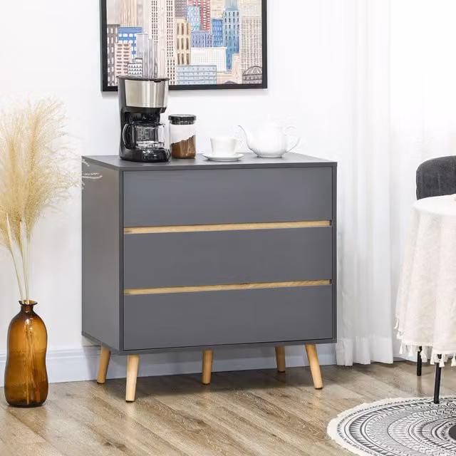 HOMCOM 3 Drawer Chest of Drawers Storage Cabinet Organiser with Wood Legs in Dark Grey