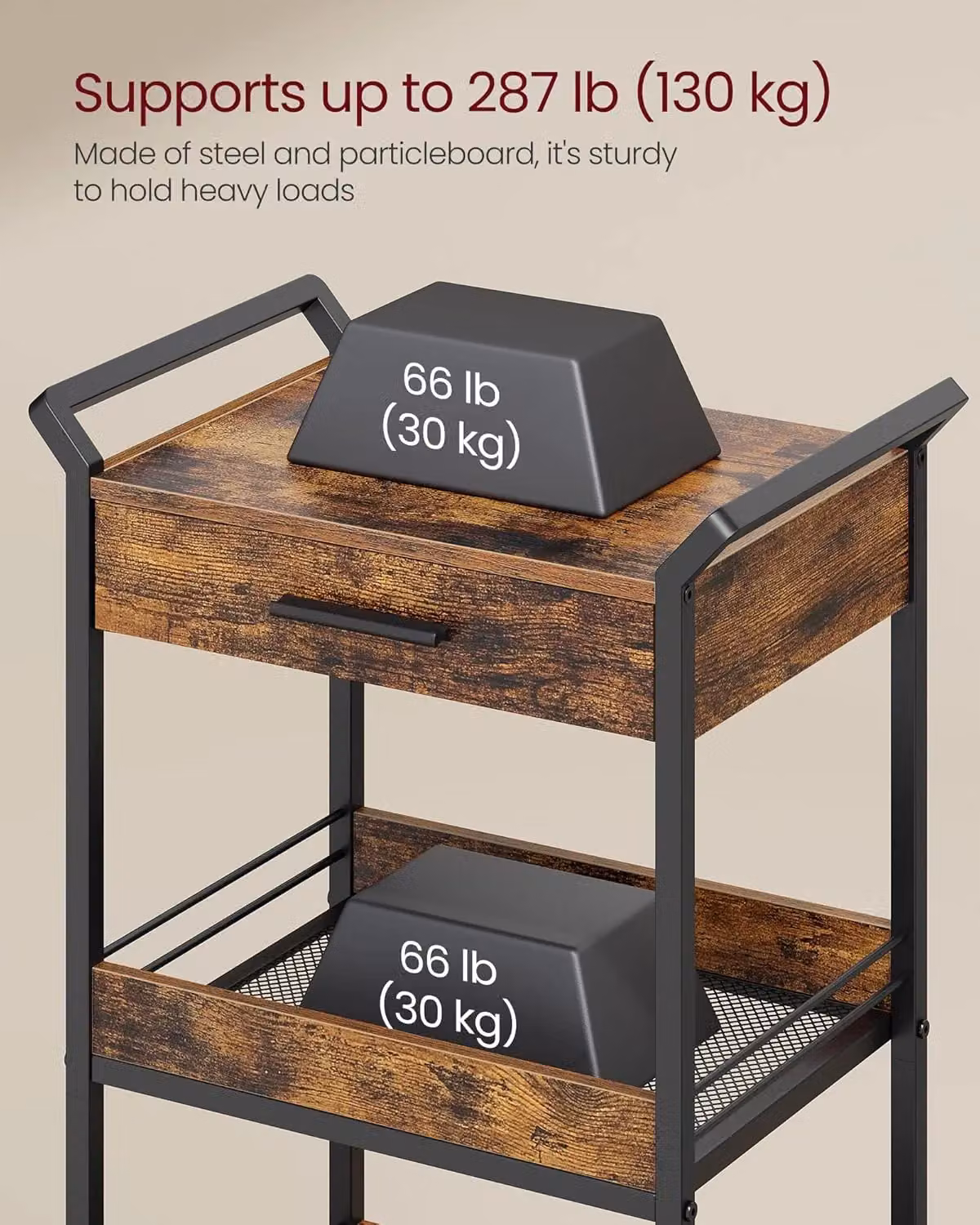 VASAGLE 4-Tier Rolling Storage Trolley Cart with Mesh Drawers and Lockable Castors in Brown – 3