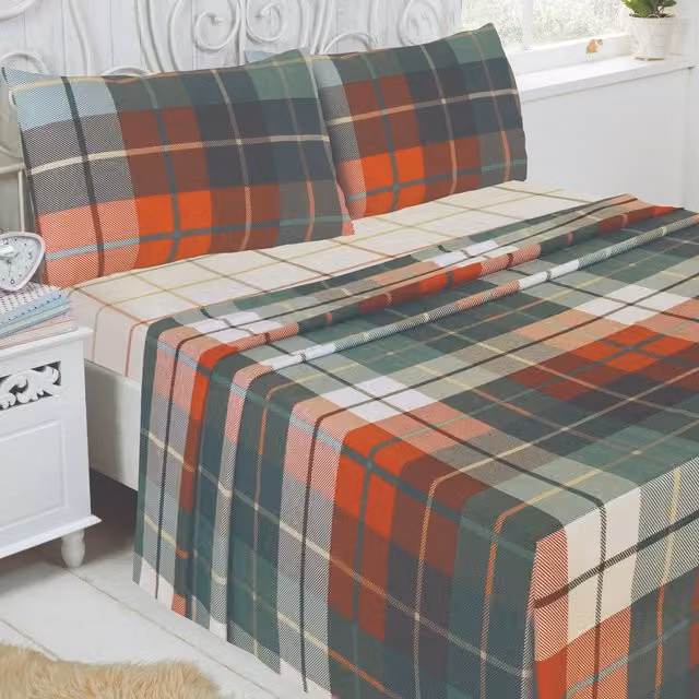 Rapport Home Lomond Brushed Cotton Flannelette Check Complete Sheet Set in Red and Multicolour, W/D/H: 180 x 200 cm