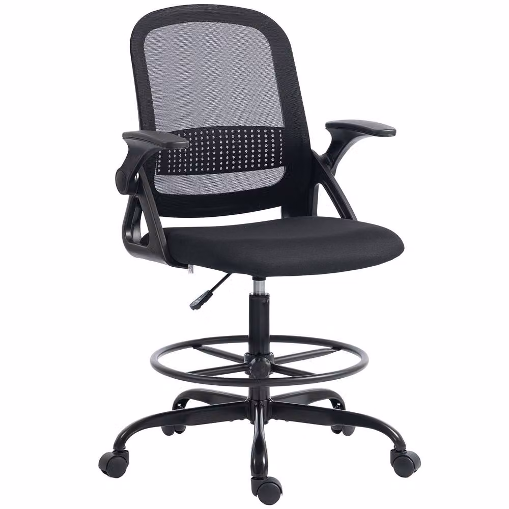 STILVORA Black Fabric Drafting Chair with Flip-up Armrests and Foot Ring – 4