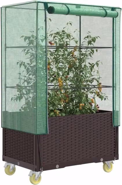 Berkfield Home Raised Bed with Cover and Wheels in Brown Rattan Look, W: 80 cm, D: 50 cm, H: 182 cm – 1