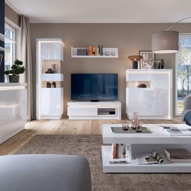 Furniture To Go Lyon Tall Narrow Right Hand Display Cabinet in White Gloss with Glass Doors and Integrated Lighting