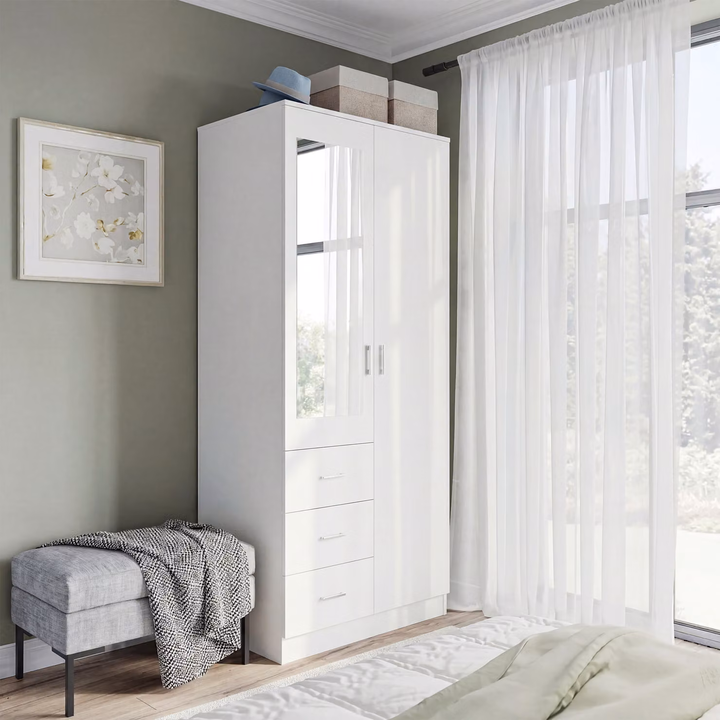 HOMCOM White Mirror Wardrobe with 2 Doors, 3 Drawers and Adjustable Shelves, W/D/H: 80 x 50 x 180 cm – 2
