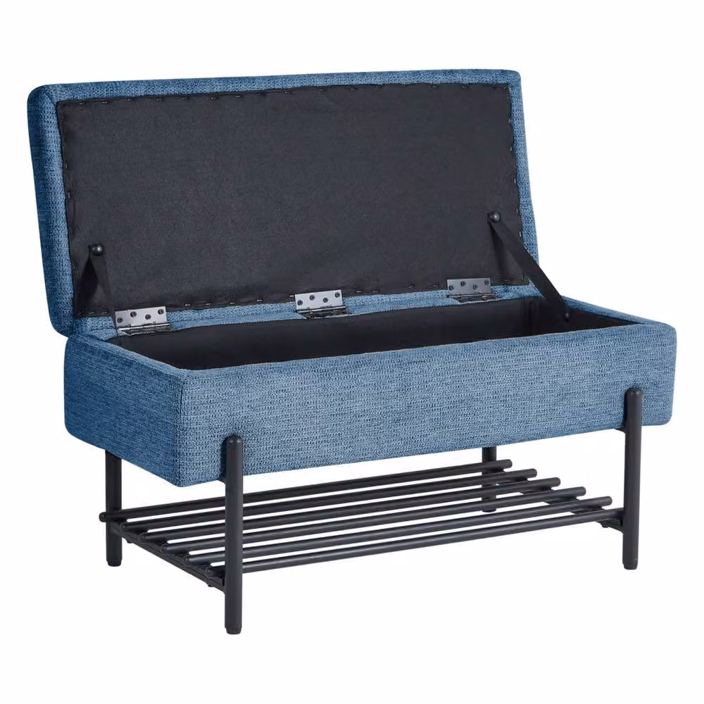 Wyld Haus Blue Mid-Century Upholstered Storage Bench with Built-In Shoe Rack – 4