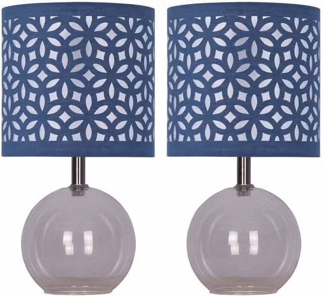 First Choice Lighting Set of 2 Buck Clear Glass Table Lamps with Navy Blue Cut Out Shade