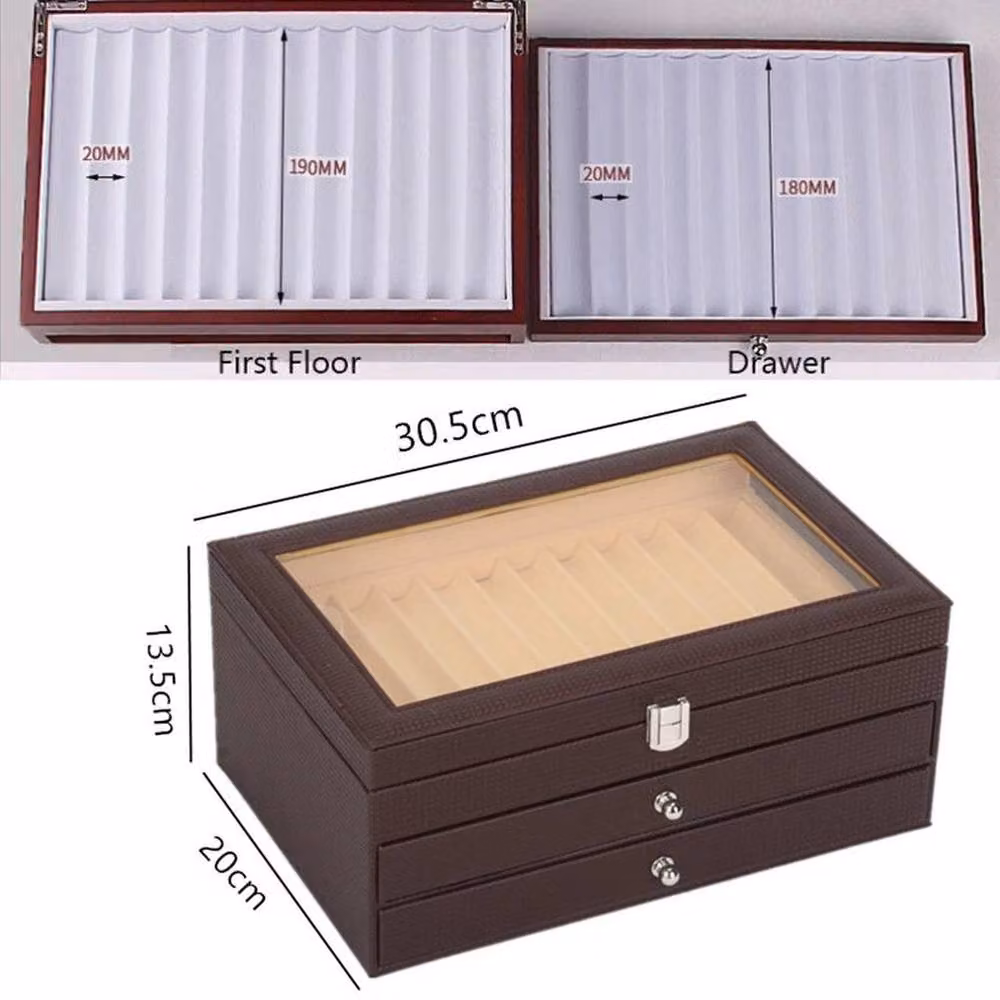 FORGEVIO Brown Leather 36-Slot Multi-Compartment Pen Display Case – 4