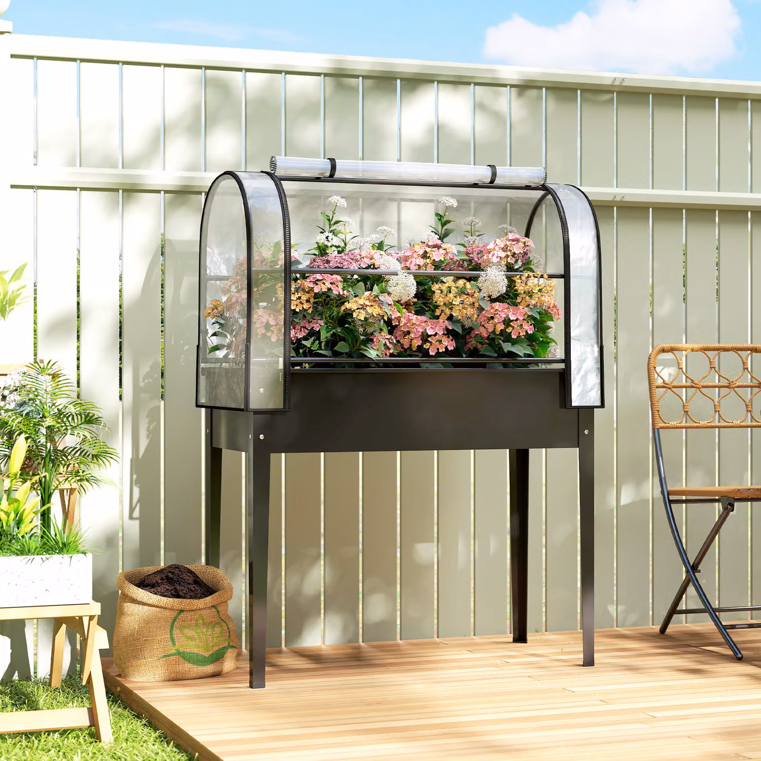 Outsunny Metal Raised Planter with Flip-Up Greenhouse Cover and Drainage Hole, Black – 2