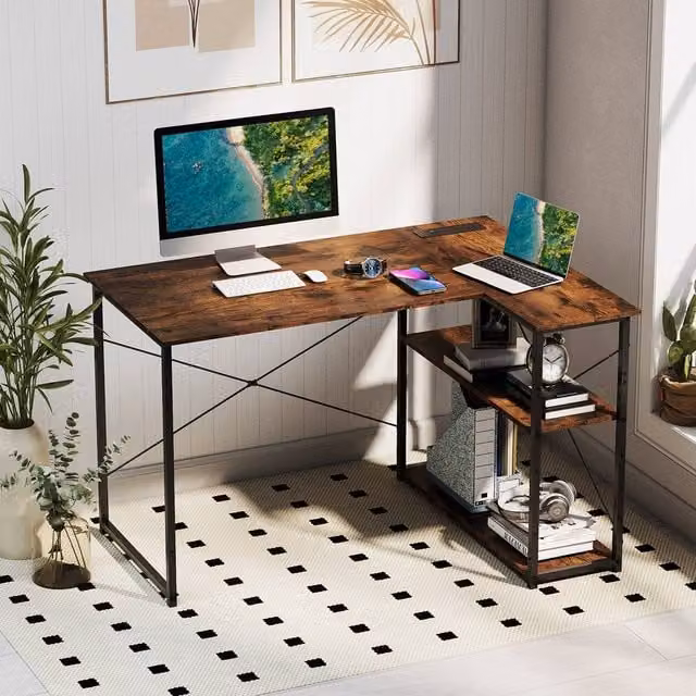 Costway L-shaped Corner Computer Desk with Power Outlet and Reversible Shelves in Brown – 1