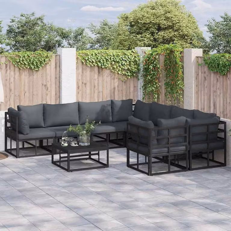 Berkfield Home 9 Piece L-Shape Garden Sofa Set in Black and Grey with Upholstered Cushions, W/D/H: 70 x 70 x 32 cm