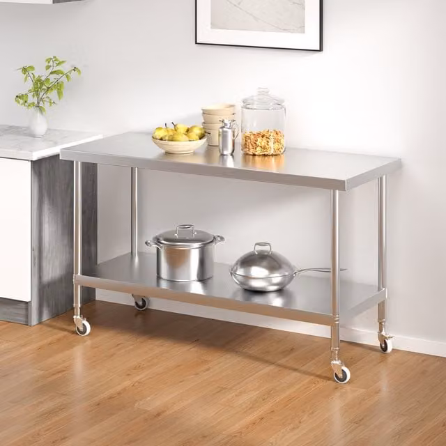 Darphe Commercial Stainless Steel Work Table with Wheels, Silver, Width: 150 cm