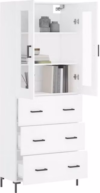 Berkfield Home White Modern Highboard with Glass Doors, W/D/H: 69.5 x 34 x 180 cm