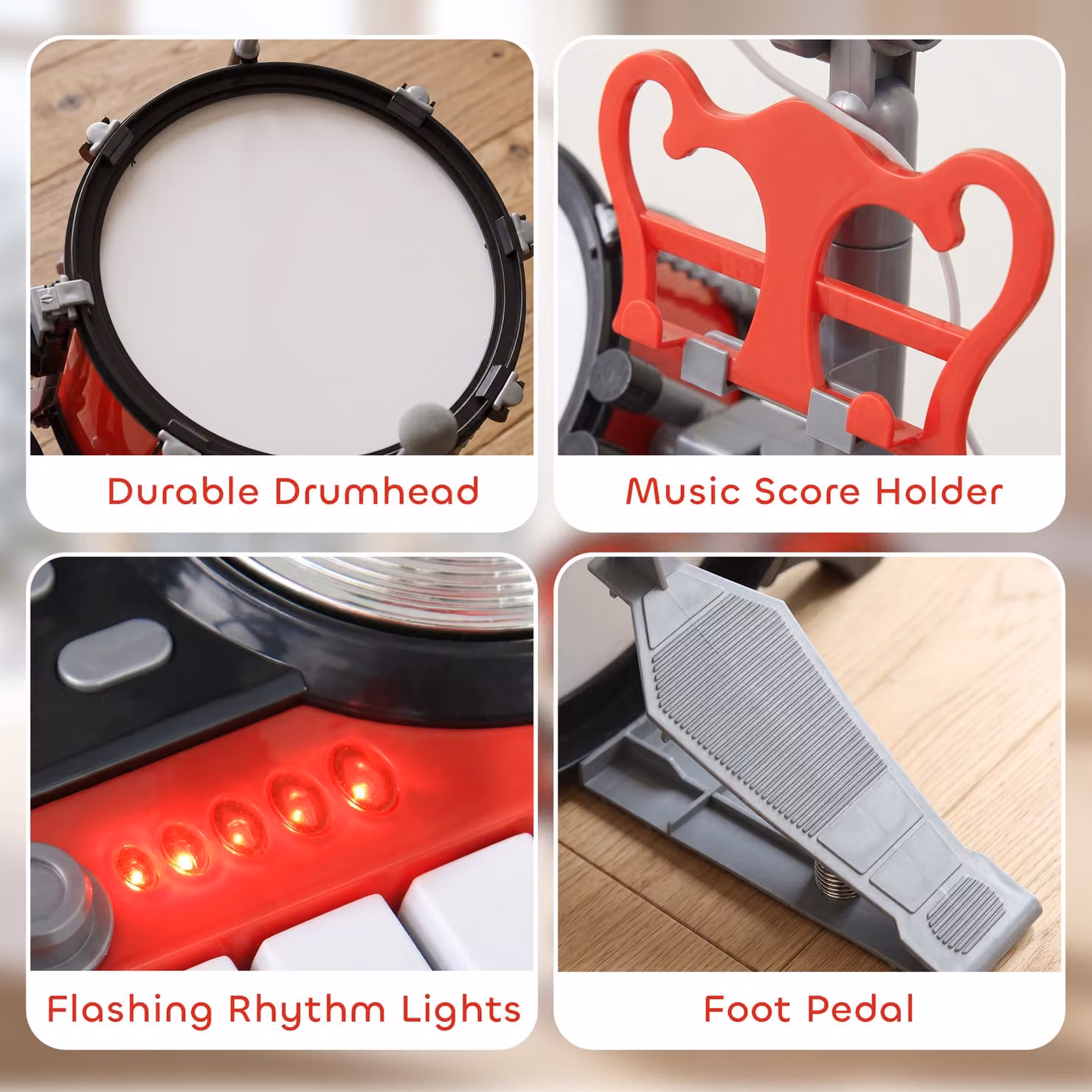 HOMCOM Kids Drum Set for Beginners in Red with Toy Microphone, Cymbal, Pedal and Drumsticks – 4