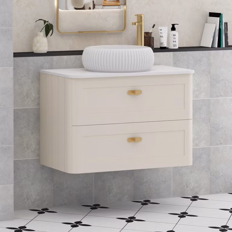 Royal Bathrooms Henley 800mm Wall Hung Vanity Unit in Mushroom Cashmere with Milan Basin, Plain White Worktop and Brushed Brass Knobs