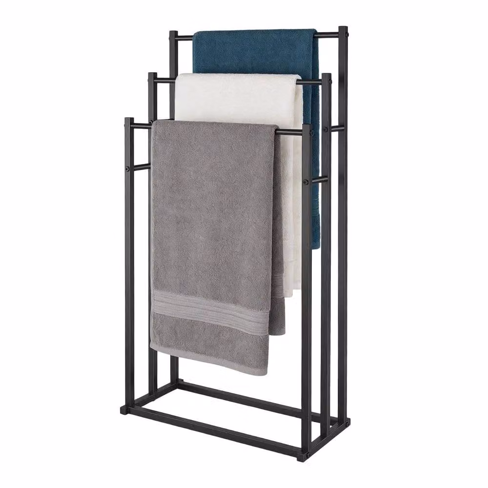 VOGREX 3-Tier Metal Freestanding Bathroom Towel Rack in Matt Black – 2