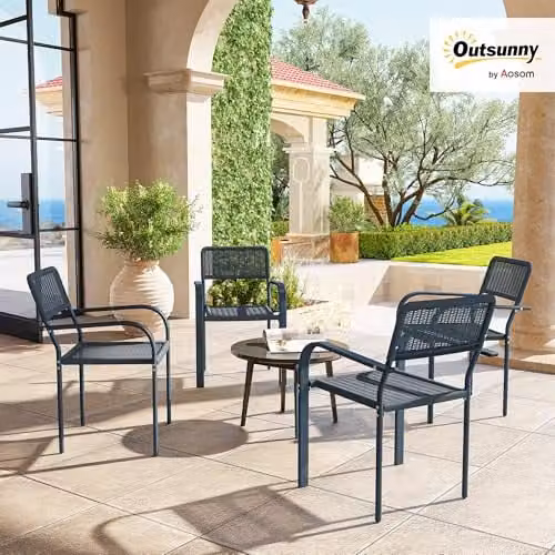 Outsunny Set of 4 Stackable Rattan and Metal Garden Dining Chairs in Dark Grey – 2