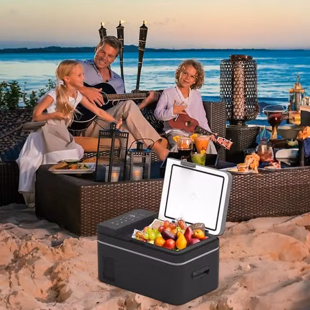 Livingandhome Portable Car Refrigerator with Phone Charging Ports, Grey and Black, W/D/H: 32.5 x 32.5 x 32.5 cm