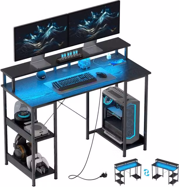Rolipo Modern LED Computer Desk with Power Outlets and Shelves in Black