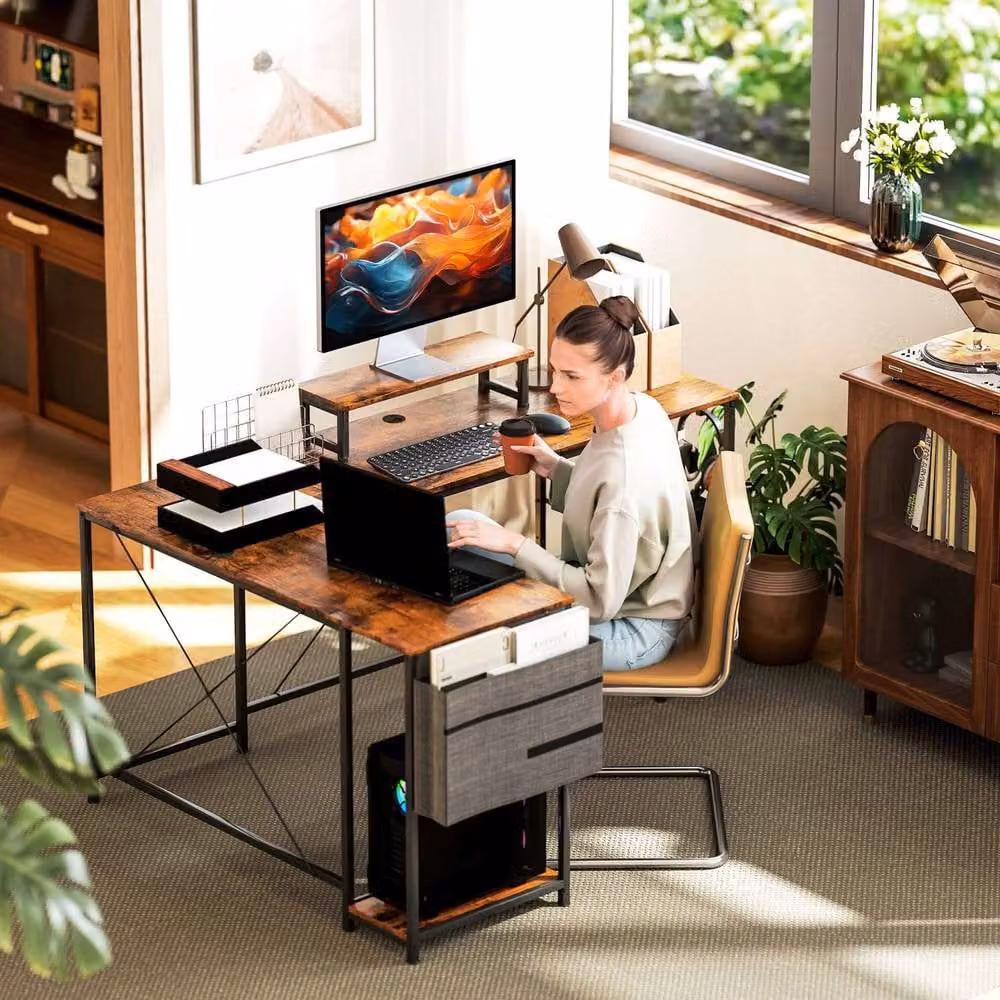 Wyld Haus Lesano 168cm Rustic Reversible L Shaped Corner Desk with Monitor Stand and Shelves in Brown – 8