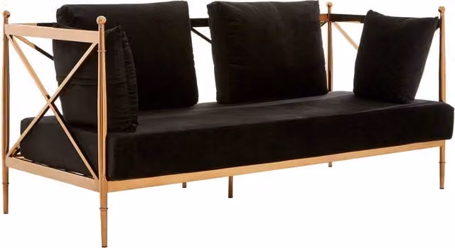 Fifty Five South Novo 2 Seater Black Velvet Sofa with Rose Gold Metal Frame and Scatter Cushions