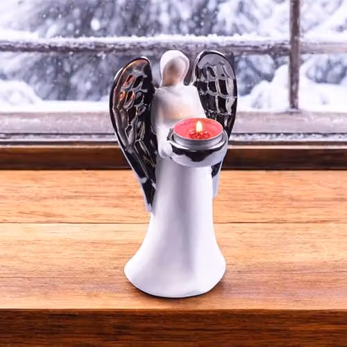 Netagon Ceramic Winged Angel Tealight Holder Ornament in White and Silver for Christmas Tabletop Decoration – 3
