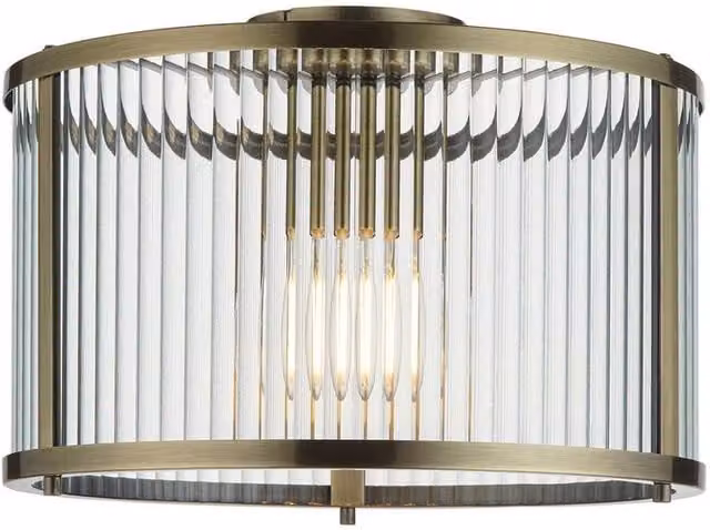 Netlighting Ridgeton Decorative Flush Ceiling Lamp in Gold and Antique Brass with Transparent Glass Shade
