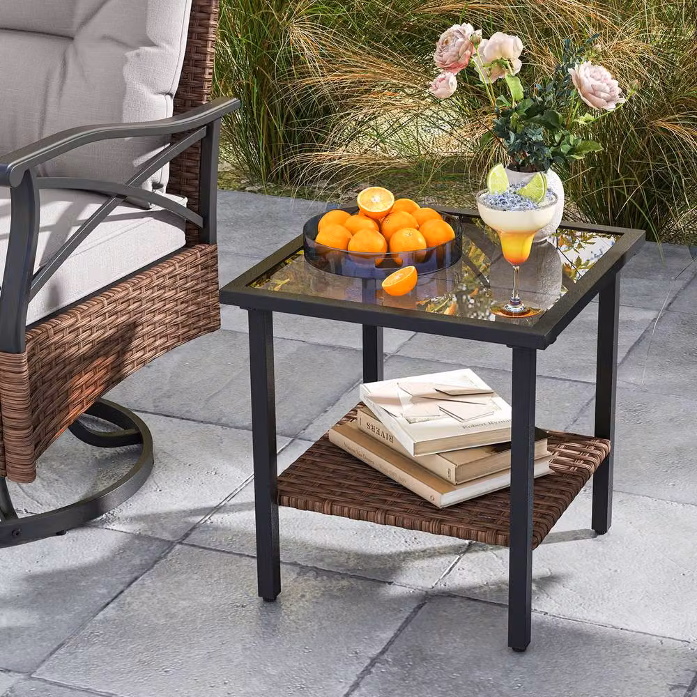 Gymax Brown Polyrattan Patio Swivel Rocker Set with 3 Upholstered Armchairs and 2-Tier Coffee Table – 7