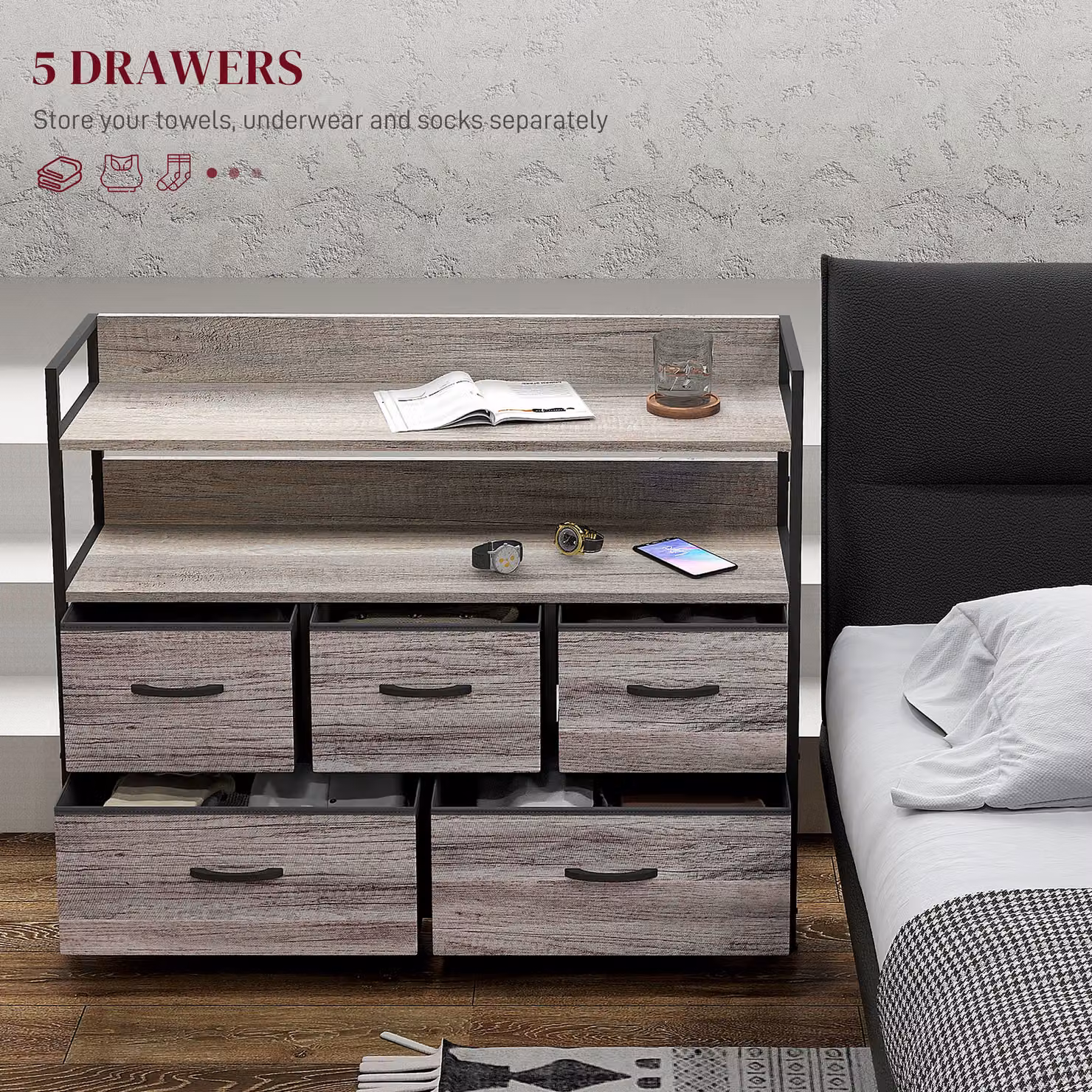 HOMCOM Rustic Grey Wood Effect Chest of Five Fabric Drawers – 4