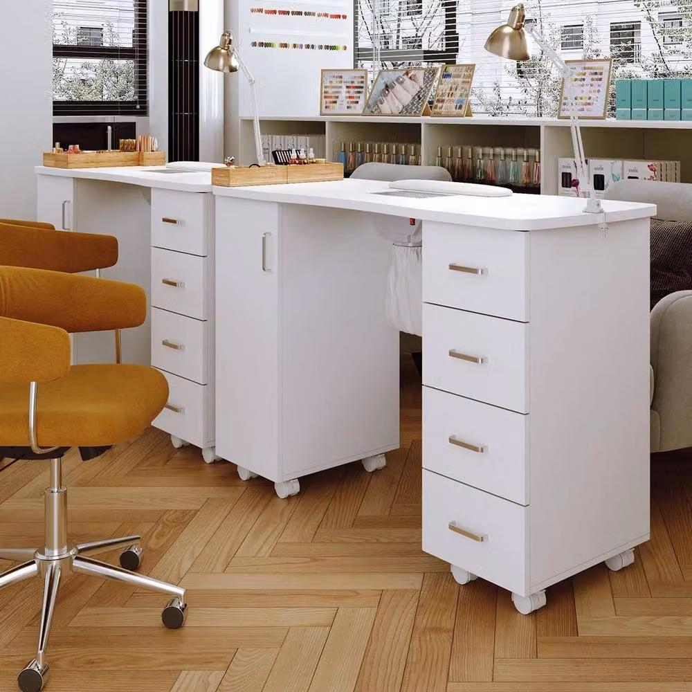 PAWNORA Professional Manicure Table in White MDF Laminate with Castors – 3