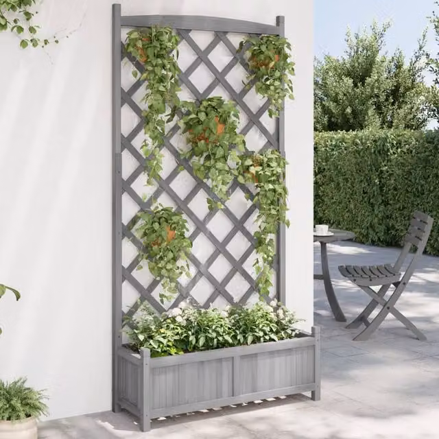 Berkfield Home Grey Solid Wood Fir Planter with Trellis
