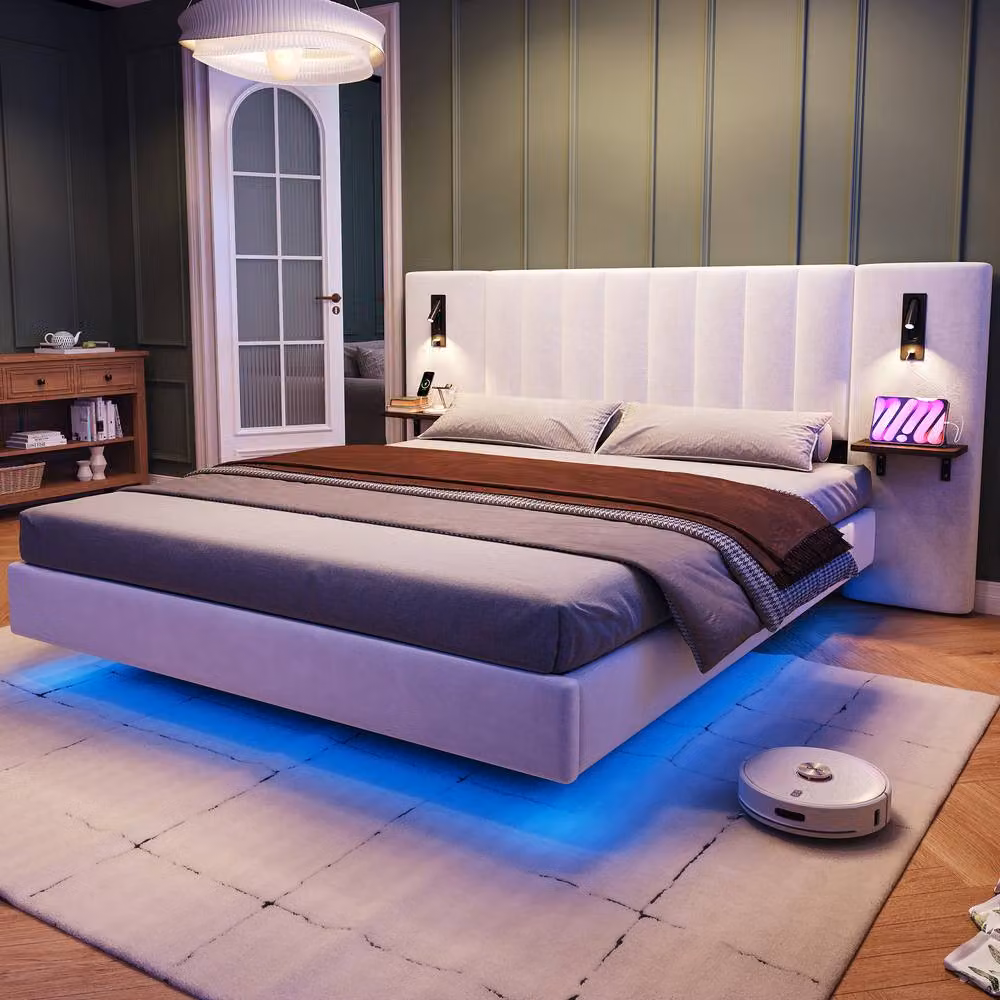 BTM White Velvet Double Bed with USB Charging, Storage Headboard and Bedside Lamps, W/D/H: 140 x 200 cm – 6