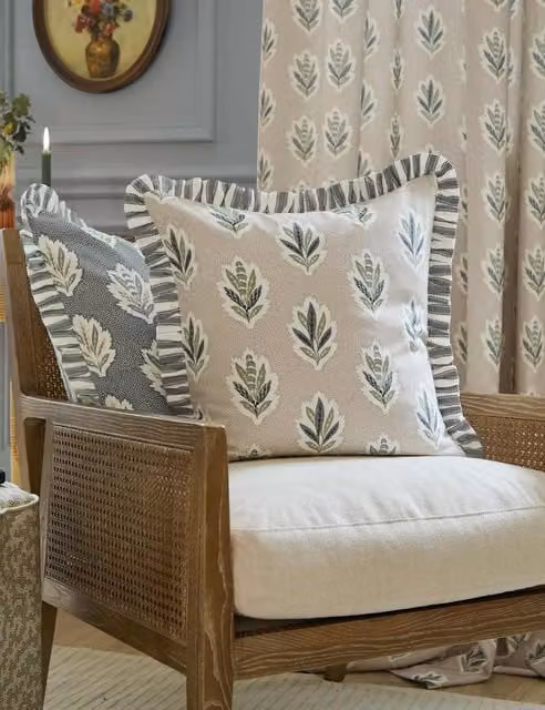 Sanderson Sessile Leaf Ruffle Cushion in Beige and Multicolour Pure Cotton Square Design