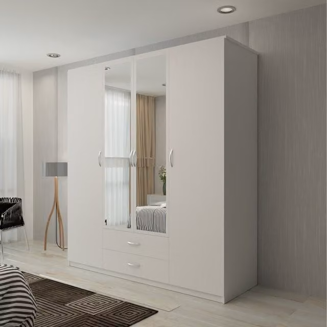 Sliding Wardrobes 4 U Modern 4 Door Hinged Wardrobe with Mirror and Drawers, White, Black or Grey, H: 198 cm, W: 171 cm, D: 59 cm