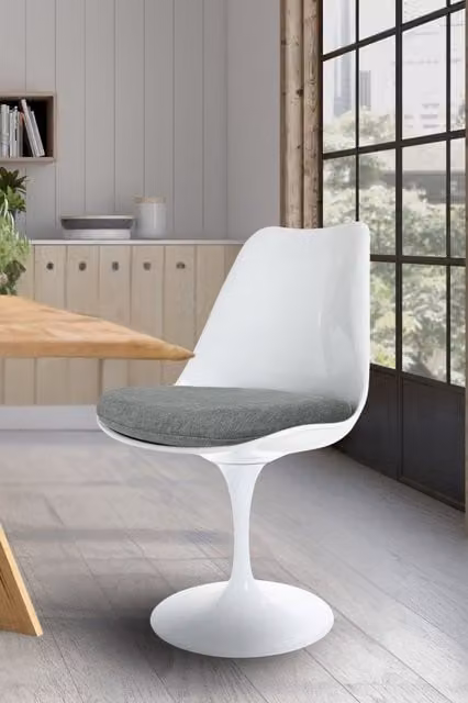 Fusion Living White Tulip Swivel Dining Chair with Grey Velvet Cushion