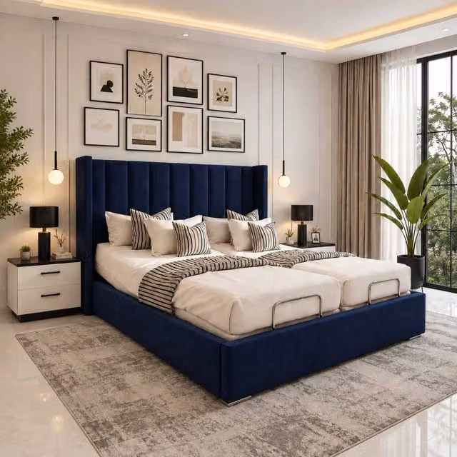 Swan Electric Adjustable Bed with Foam Mattress and Upholstered Headboard in Blue and Silver Velvet