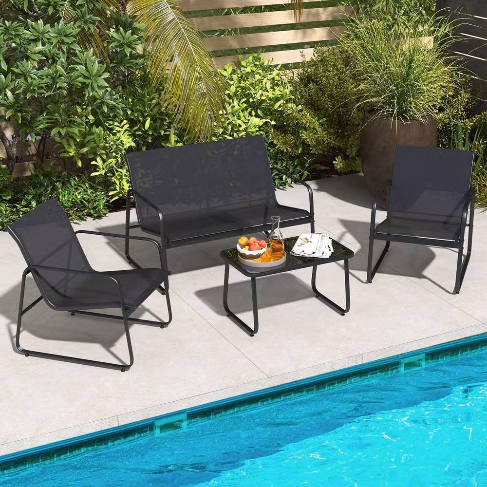 Costway 4-Piece Black Garden Furniture Set with Upholstered 2-Seater Sofa, 2 Armchairs and Coffee Table – 2