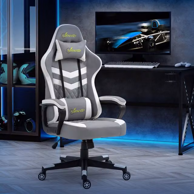 Vinsetto Lumbar Support Gaming and Office Chair in Grey and White Synthetic Leather with Headrest and Armrests