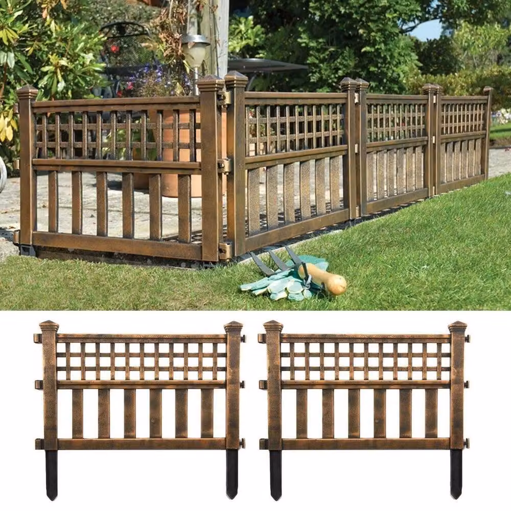 NESTLUNE Brown Plastic Garden Fence Panels and Lawn Border Edging, W: 100 cm, H: 15 cm – 4