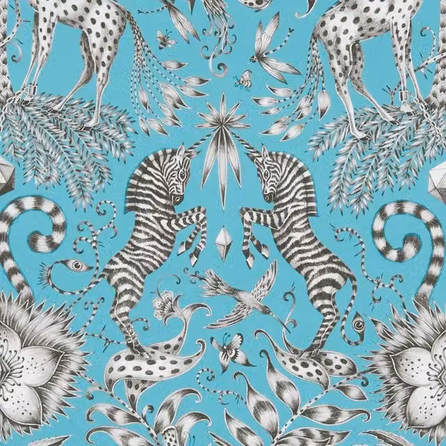 Emma Shipley Kruger Graphic Animal Design Cotton Fabric in Teal, Petrol, Grey and Turquoise
