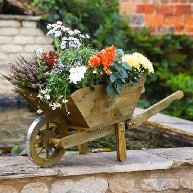 Garden Mile Brown Wooden Wheel Barrow Planter Tub