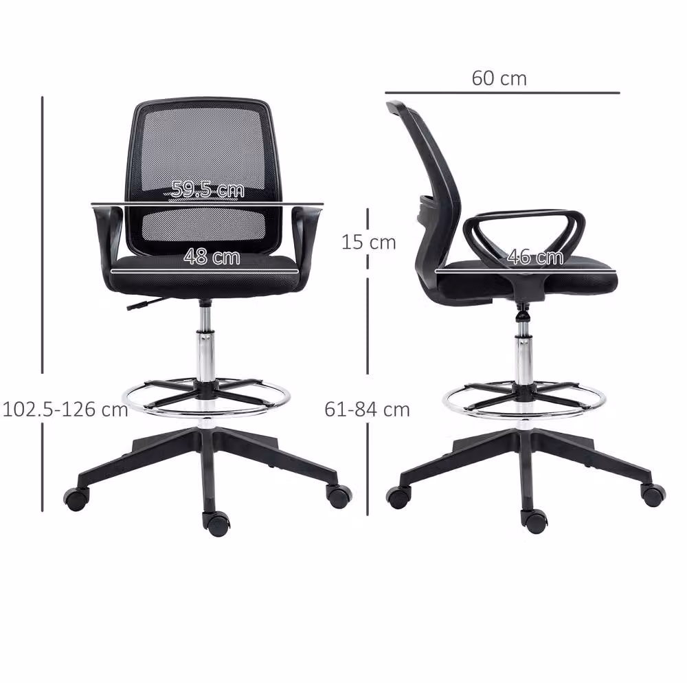 STILVORA Black Mesh Drafting Chair with Footrest and Swivel Base, H 120 x W 59.5 x D 61 cm – 3