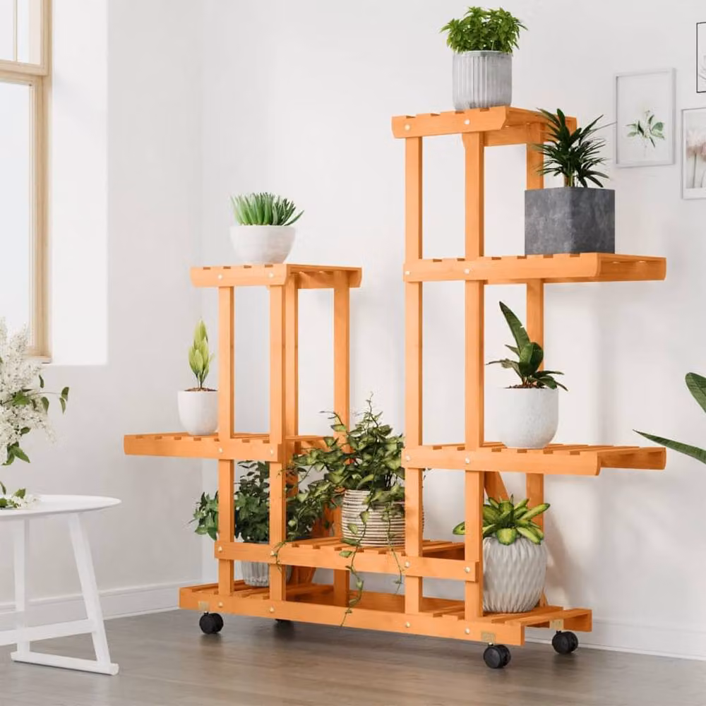 Berkfield Home Retro Flower Stand with Wheels in Brown Solid Wood, W/D/H: 95 x 25 x 101 cm – 3