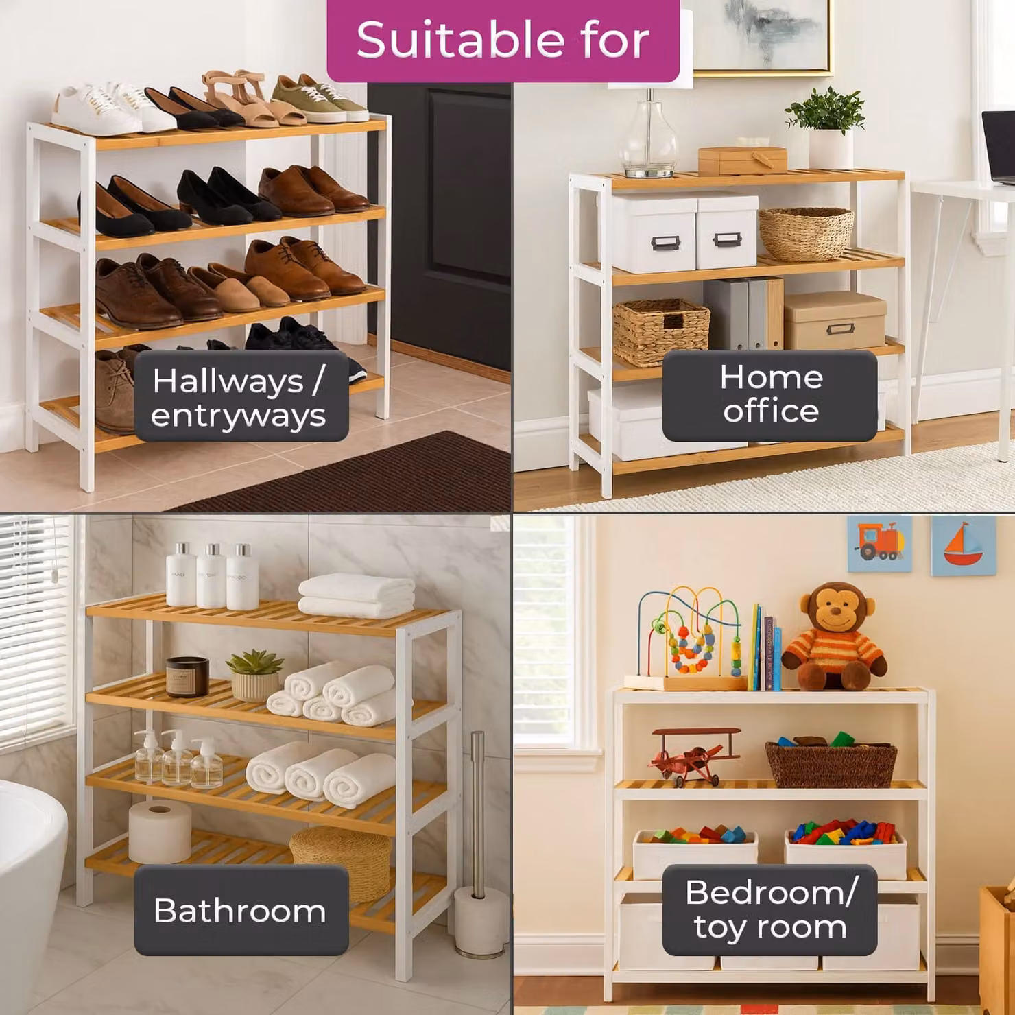 Neo 4 Tier Bamboo Wooden Shoe Storage Rack in White – 2