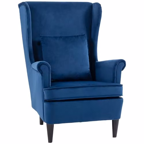HOMCOM Modern Blue Velvet Wingback Accent Chair with Armrests, W/D/H: 75 x 75 x 104 cm