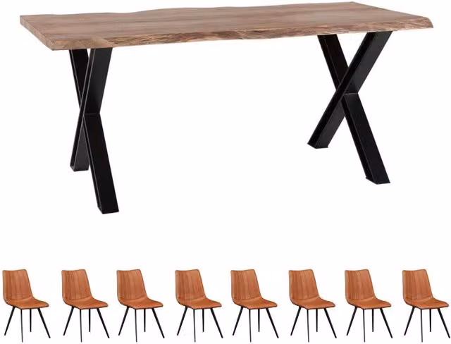 IH Design Live Edge Acacia Wood and Metal Rectangular Dining Table Set with 8 Chairs in Brown