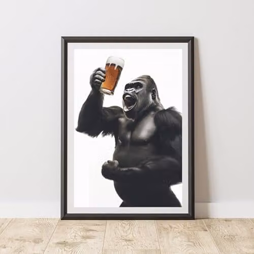 60 Second Makeover Funny Gorilla Drinking Beer Illustration Wall Art Print, A4
