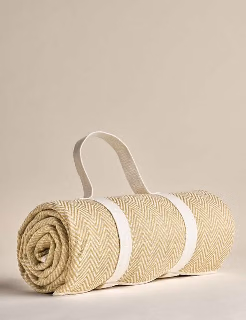 M&S Boho Herringbone Foldable Picnic Blanket in Yellow and Beige with Waterproof Underside and Carry Handle